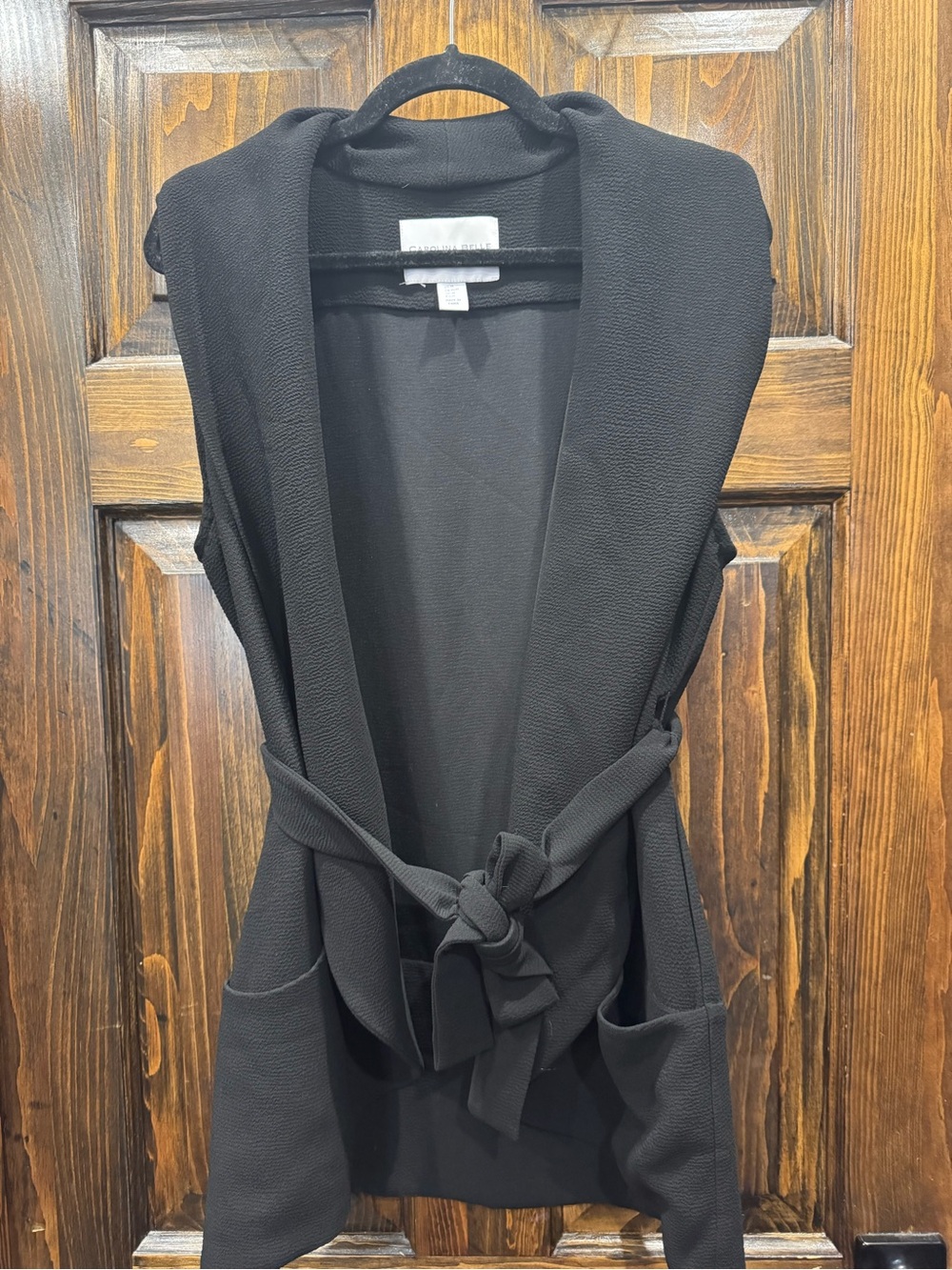 Carolina Belle Black Sleeveless Open-Front Vest with Tie Belt